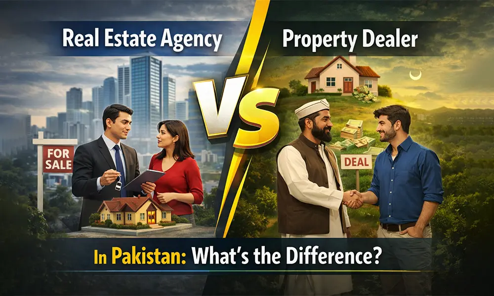 Visual comparison of a real estate agency and a property dealer in Pakistan, illustrating modern agency services versus traditional property dealing.