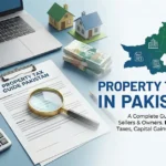 Property taxes in Pakistan guide featuring a laptop, calculator, Pakistani currency, model houses, and a map of Pakistan with tax icons.