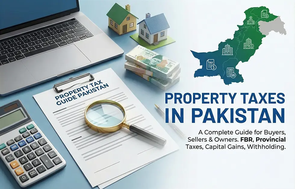 Property taxes in Pakistan guide featuring a laptop, calculator, Pakistani currency, model houses, and a map of Pakistan with tax icons.