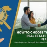 Graphic design overlaying a real estate handshake scene features a magnifying glass over a map of Pakistan, a key in an open hand, and text reading "HOW TO CHOOSE THE RIGHT REAL ESTATE AGENCY IN PAKISTAN.