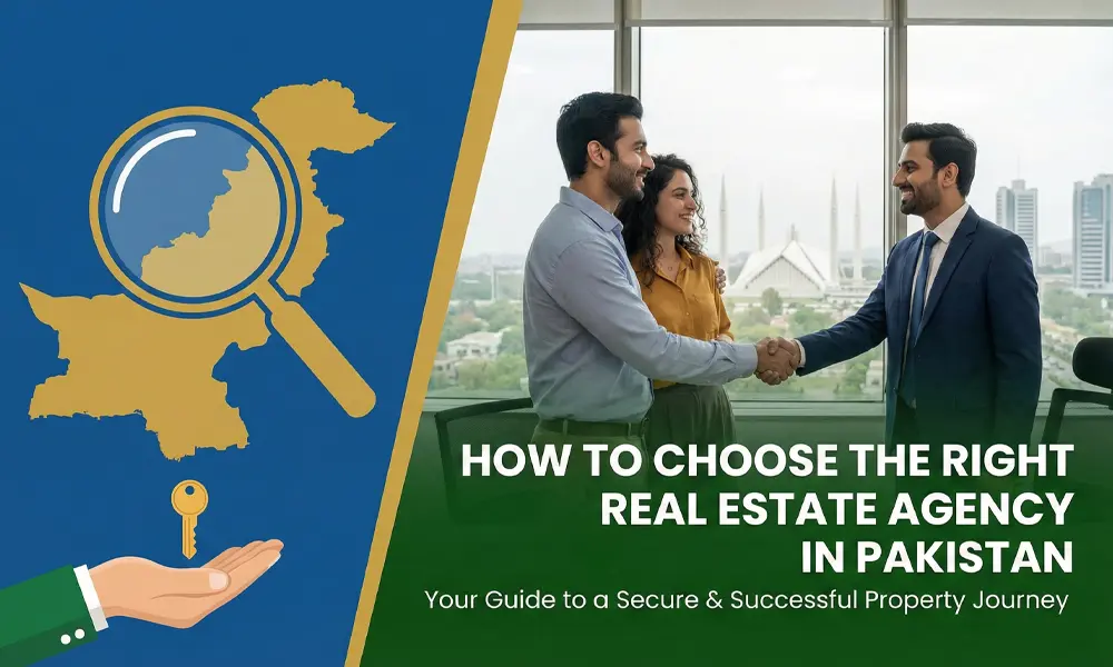 Graphic design overlaying a real estate handshake scene features a magnifying glass over a map of Pakistan, a key in an open hand, and text reading "HOW TO CHOOSE THE RIGHT REAL ESTATE AGENCY IN PAKISTAN.